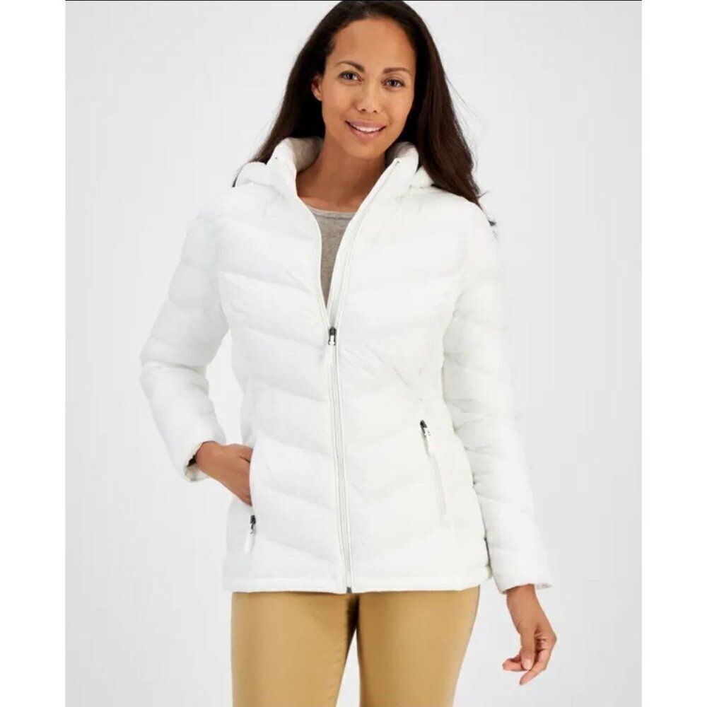 Womens Puffer Coat White M Charter Club Hooded Packable Removable Hood